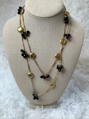 Talbots Women's Gold Black Double Strand Beads Crystal Necklace Vintage A1-4